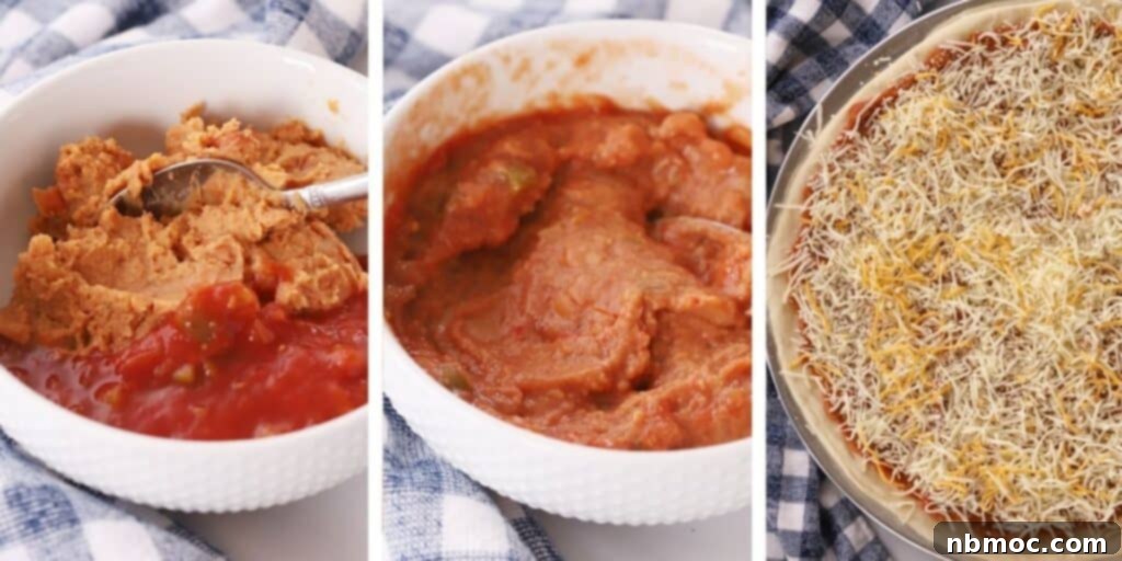 Fiesta Taco Pizza 3 how to make taco pizza sauce for this taco pizza recipe using refried beans and salsa.