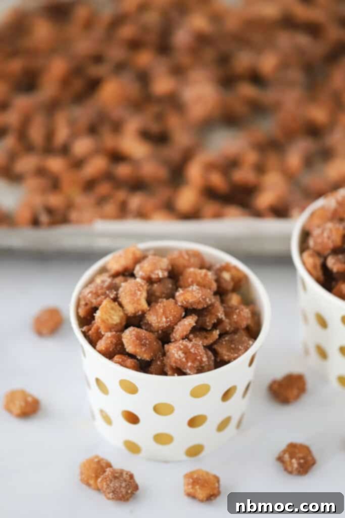 A cup full of Churro Oyster Crackers, an easy and addicting sweet and salty snack mix perfect for any occasion.