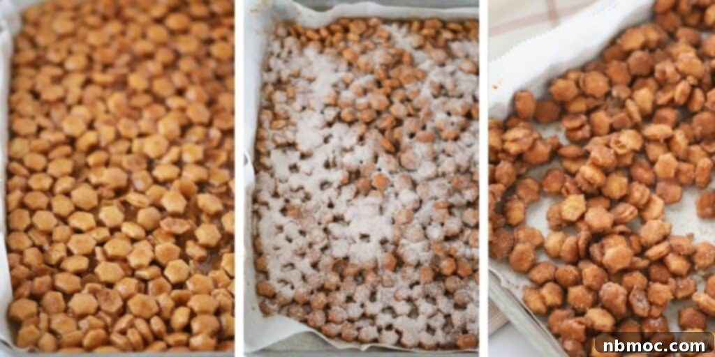 Step-by-step process for making toffee oyster crackers, an easy cinnamon sugar churro snack mix made with oyster crackers.