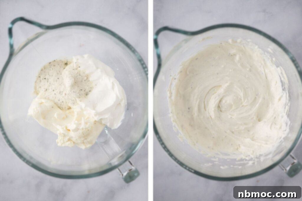 Zesty Ranch Dip 4 Close-up showing how to combine sour cream, cream cheese, and ranch seasoning to make the dip.