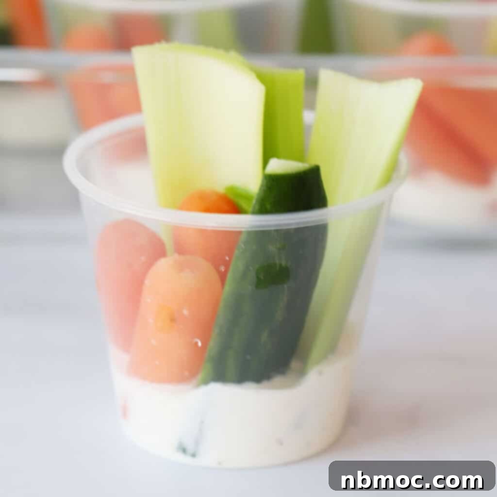 Zesty Ranch Dip 5 Mini veggie cups with this ranch dip and raw vegetables, perfect for parties.