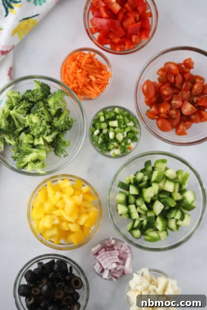 Garden Harvest Pizza 3 Ramekins with separate prepared vegetables to make this recipe for Veggie Pizza, one of the best homemade pizzas.