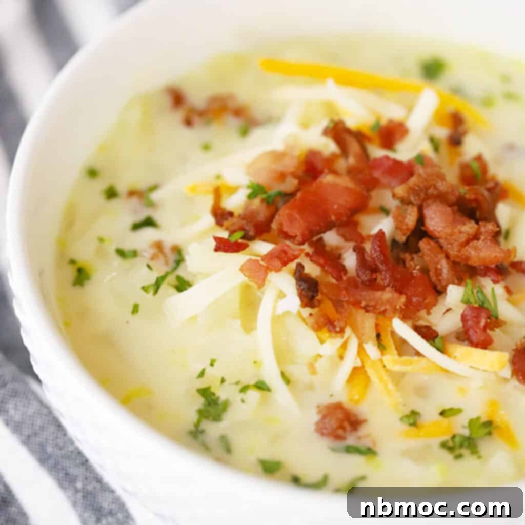 Loaded baked potato soup with cheese and bacon, a quick and creamy dinner recipe.