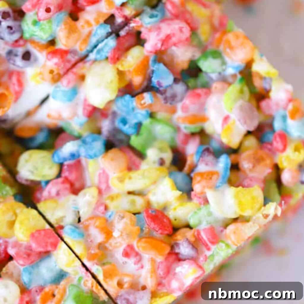 Fruity Pebbles Rice Krispies Treats, a colorful no-bake rainbow dessert.
