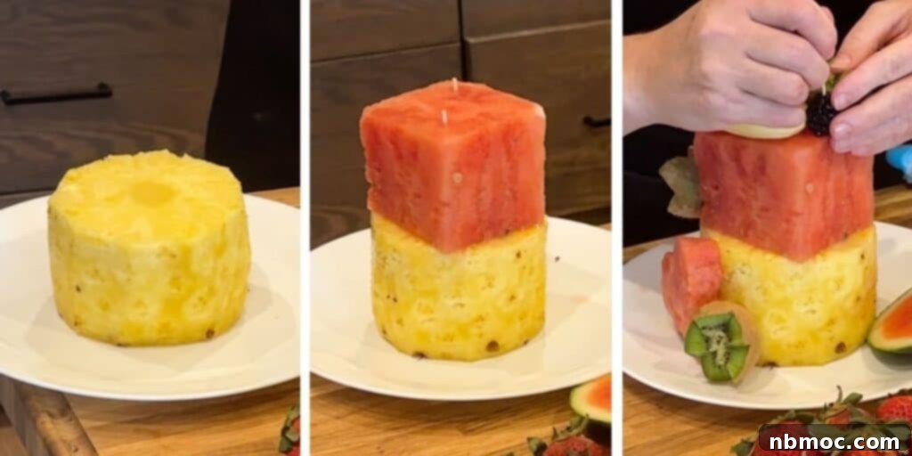 How to make the base for a fresh fruit cake using pineapple and watermelon with large wooden skewers for stability.
