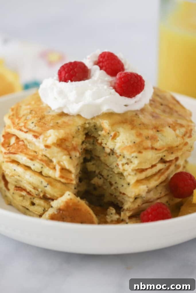 Sunny Lemon Poppy Seed Pancakes 2 A beautifully stacked tower of golden Lemon Poppy Seed Pancakes, generously topped with fluffy whipped cream and vibrant red raspberries, inviting you to indulge in a refreshing breakfast.