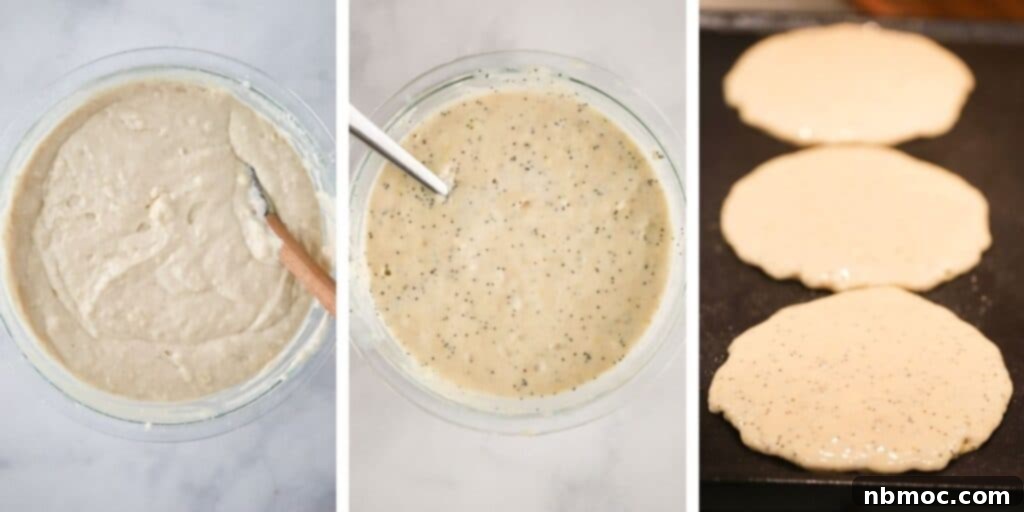 Sunny Lemon Poppy Seed Pancakes 3 Step-by-step process of how to make light and fluffy lemon poppy seed pancakes, showing ingredients being mixed in bowls.