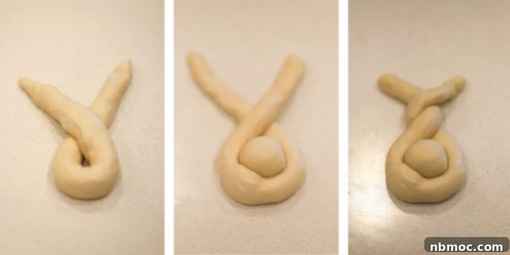 Fluffy Bunny Buns 3 Step-by-step photos illustrating how to shape Easter rolls into cute bunny shapes.