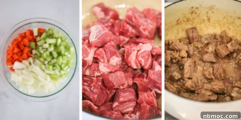 Preparing beef barley soup with beef stew meat or beef chuck roast, alongside fresh vegetables in a kitchen setting.