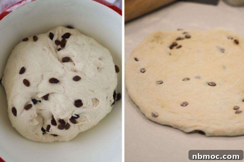 Spiced Raisin Swirl Bread 4 How to make cinnamon raisin bread dough, showing the mixing process.
