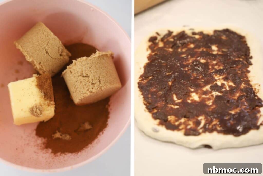 Spiced Raisin Swirl Bread 5 Cinnamon sugar filling spread evenly over dough, preparing it for the iconic swirl in cinnamon raisin bread.