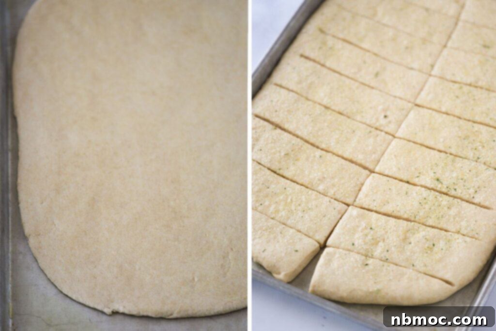 Golden Grain Breadsticks 3 Homemade breadsticks dough rolled out and cut into rectangles on a baking sheet.