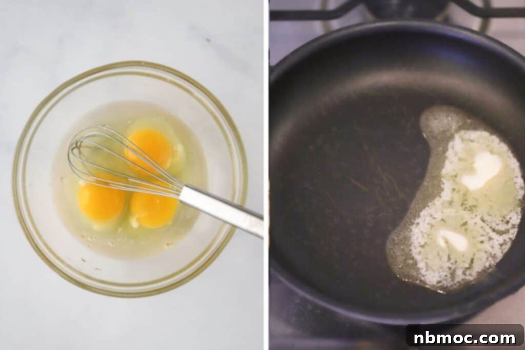 Eggs in a bowl with a whisk beside a skillet with melted butter.