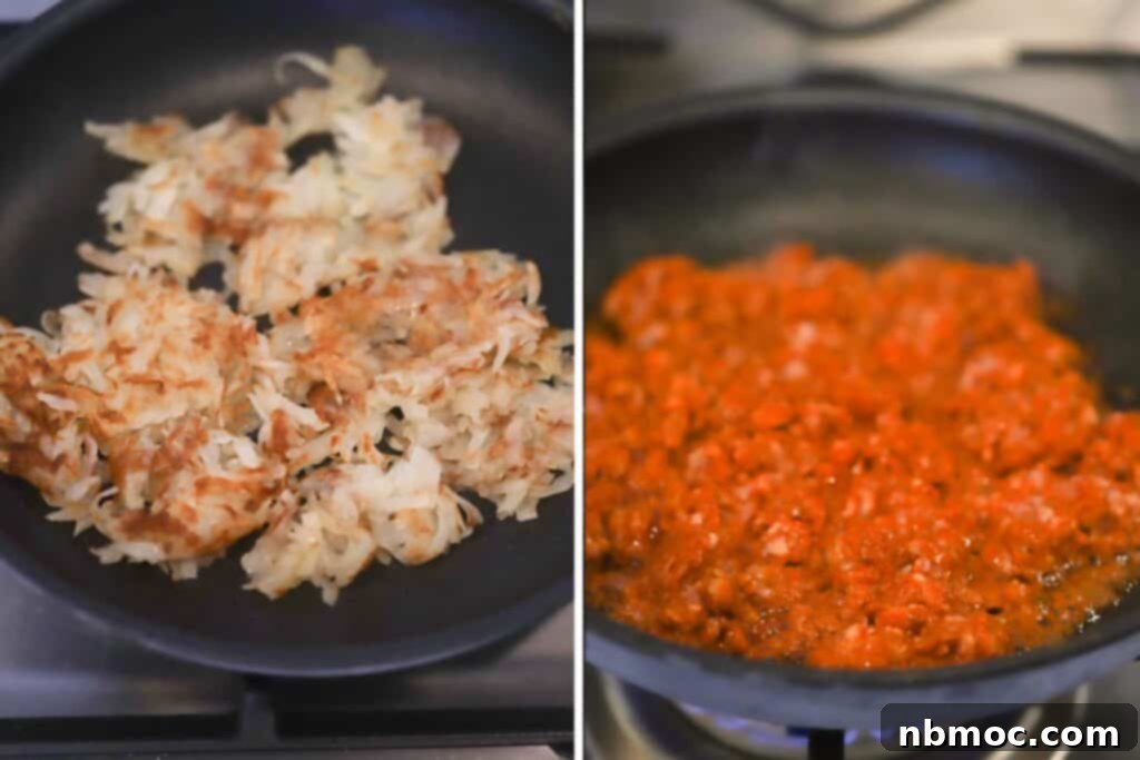 Shredded potatoes and chorizo cooking in nonstick skillets for breakfast taco filling. Illustrates the preparation process.