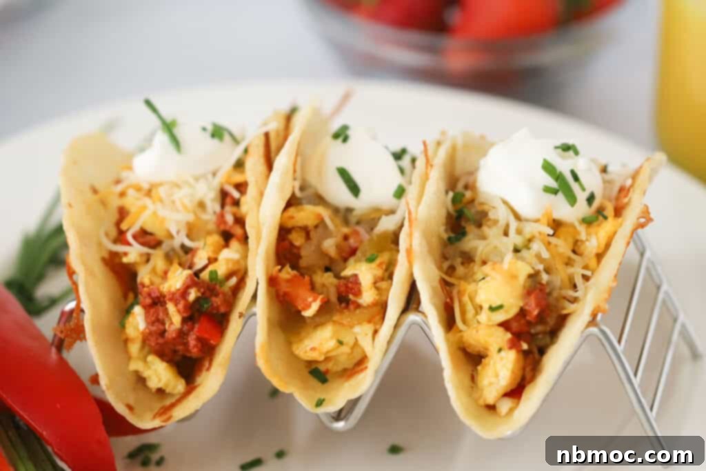 A taco holder with mexican breakfast tacos, filled with chorizo, scrambled eggs, potatoes, and green chilis. Ready to serve.