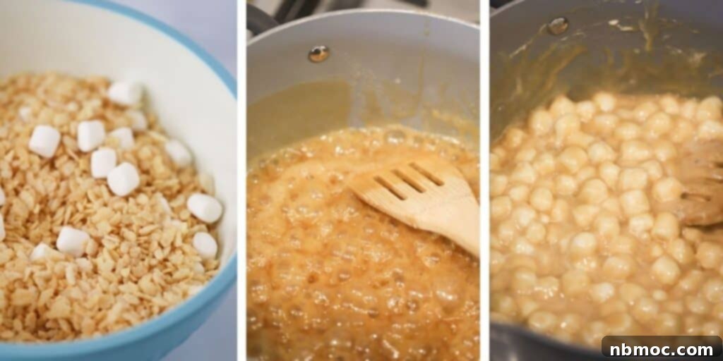 How to make rice krispie bars with caramel in a pot with marshmallows and cereal, showing the rich, gooey mixture.