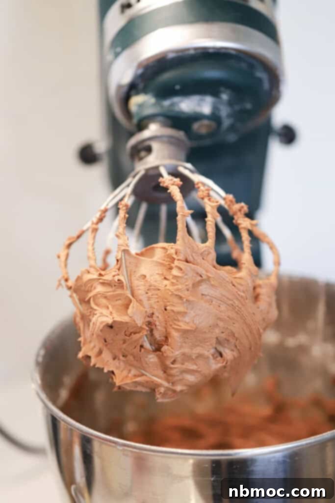 Luscious Chocolate Cream Cheese Frosting 3 A shiny stand mixer with a whisk attachment stands next to a large bowl filled with creamy chocolate cream cheese frosting, perfect for decorating cakes and cookies.
