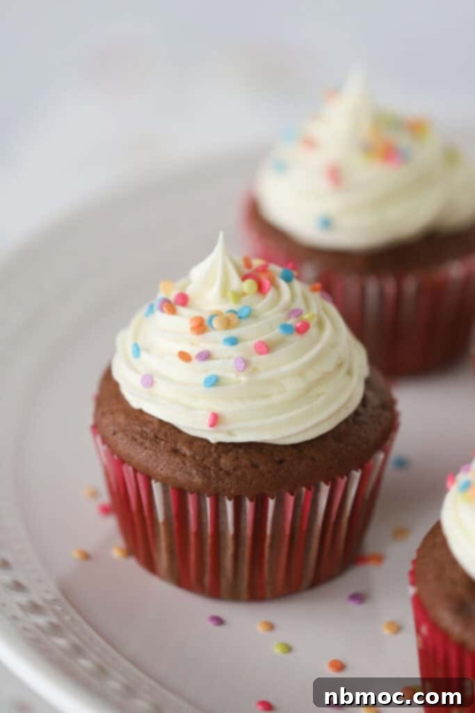 A plate with chocolate cupcakes piped with white chocolate cream cheese frosting, and topped with colored sprinkles.