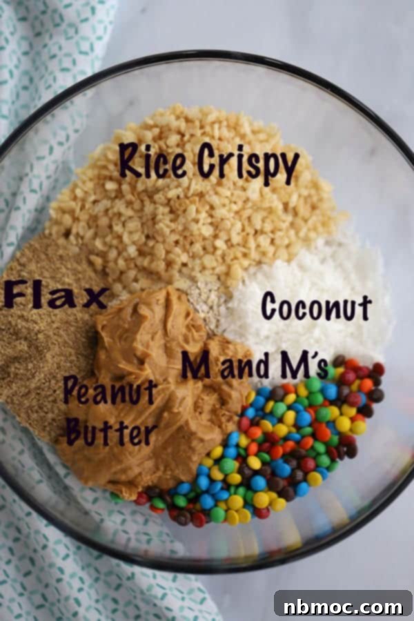 Peanut Coconut Fuel Bites 3 No Bake Peanut Butter Ball Ingredients in a glass mixing bowl; peanut butter balls coconut and M&Ms.