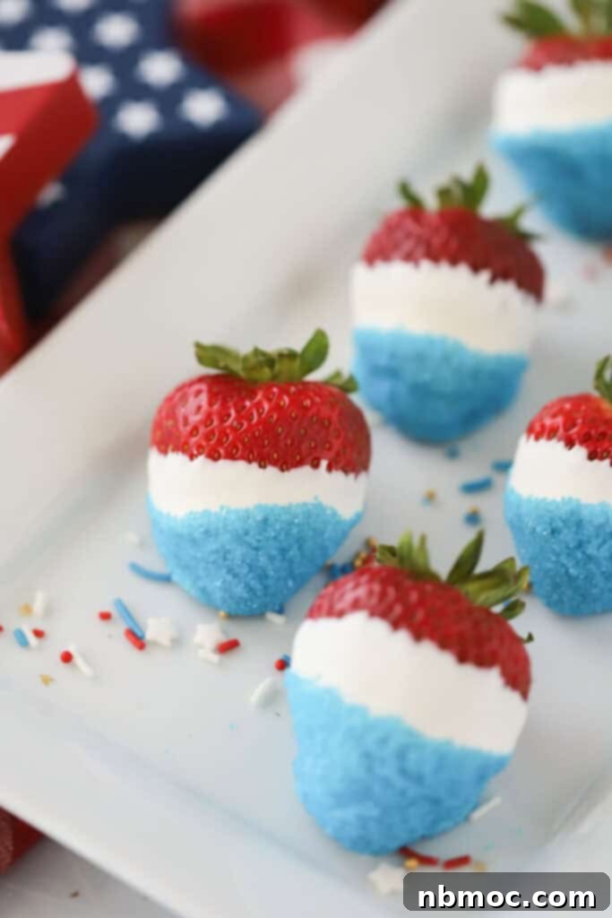 A tray of white chocolate covered strawberries dipped in blue sanding sugar to make red white and blue strawberries, ready for a patriotic celebration.