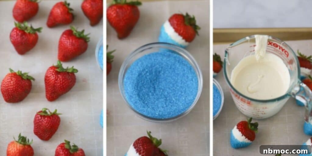 Step-by-step process of how to make white chocolate covered red white and blue strawberries for the 4th of July, showing dipping into chocolate and sprinkles.