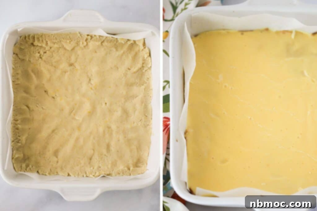 Lemon blondie dough expertly pressed into a square baking dish, ready for baking. Another shot shows the baked blondies covered with a smooth layer of lemon icing.