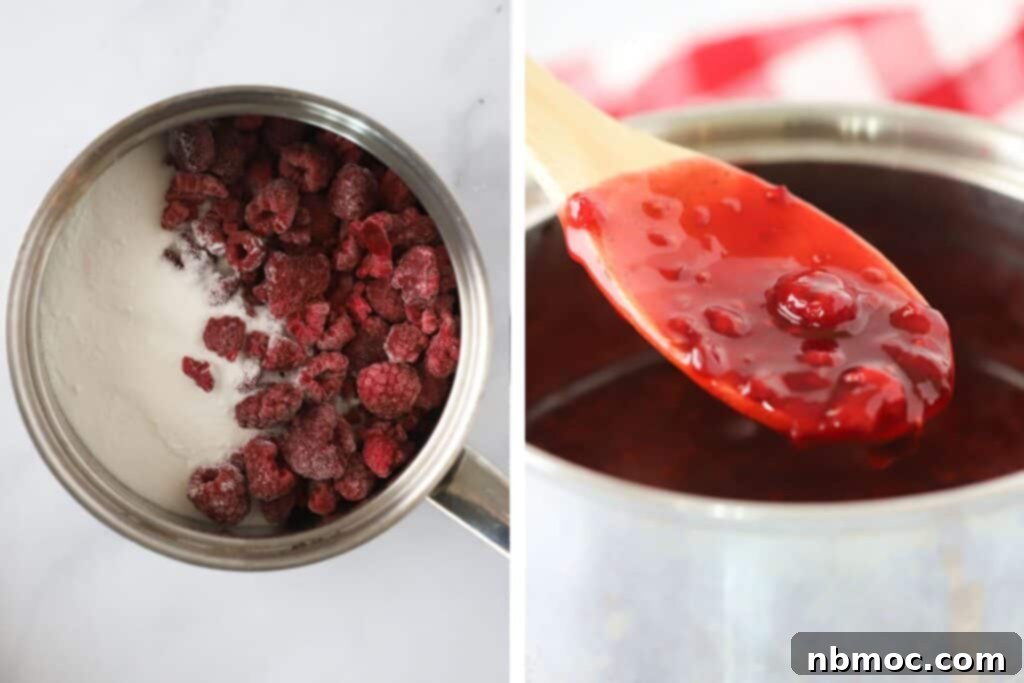 A pot on the stove containing raspberries, sugar, and cornstarch, gently simmering to create a homemade raspberry syrup.