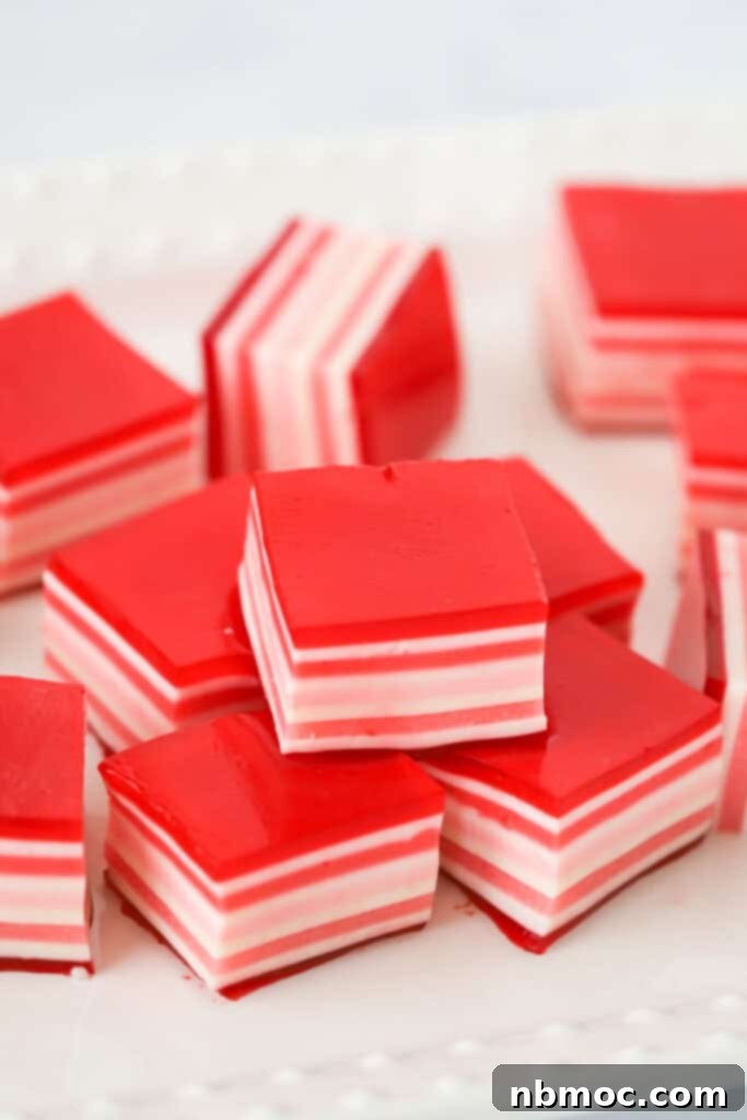 Jello Rainbow Stack 5 Cubes of red, pink, and white Jello for Valentine's Day.