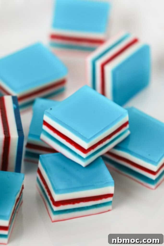 Jello Rainbow Stack 6 Thin layers of red white and blue Jello cut into cubes for the 4th of July.