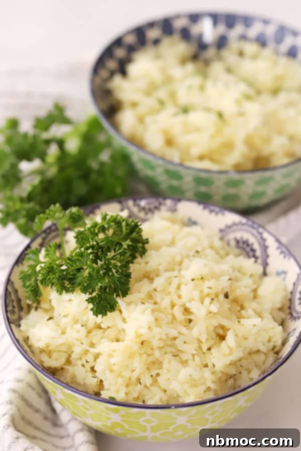 Buttery Garlic Parmesan Rice 2 garlic parmesan rice in a bowl garnished with parsley.