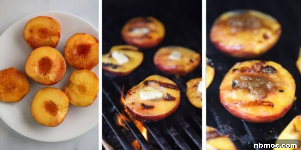 Fire Kissed Peaches 3 Peach halves cooking over a hot grill with melting butter and brown sugar.
