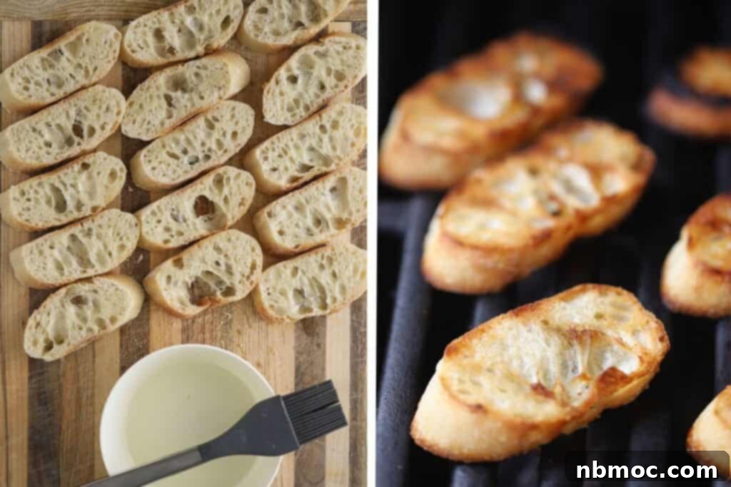 Grilling sliced baguettes to make crostini.