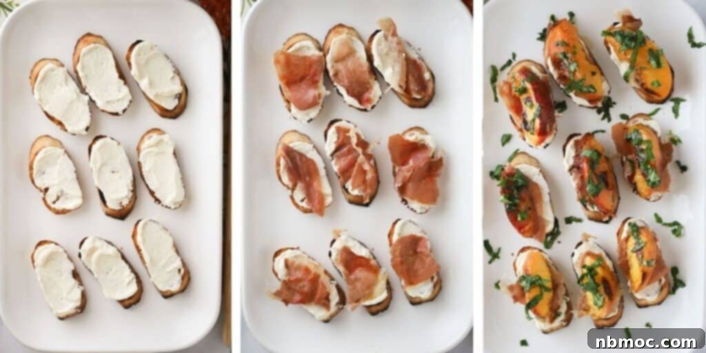 Assembling peach crostini on a serving platter.