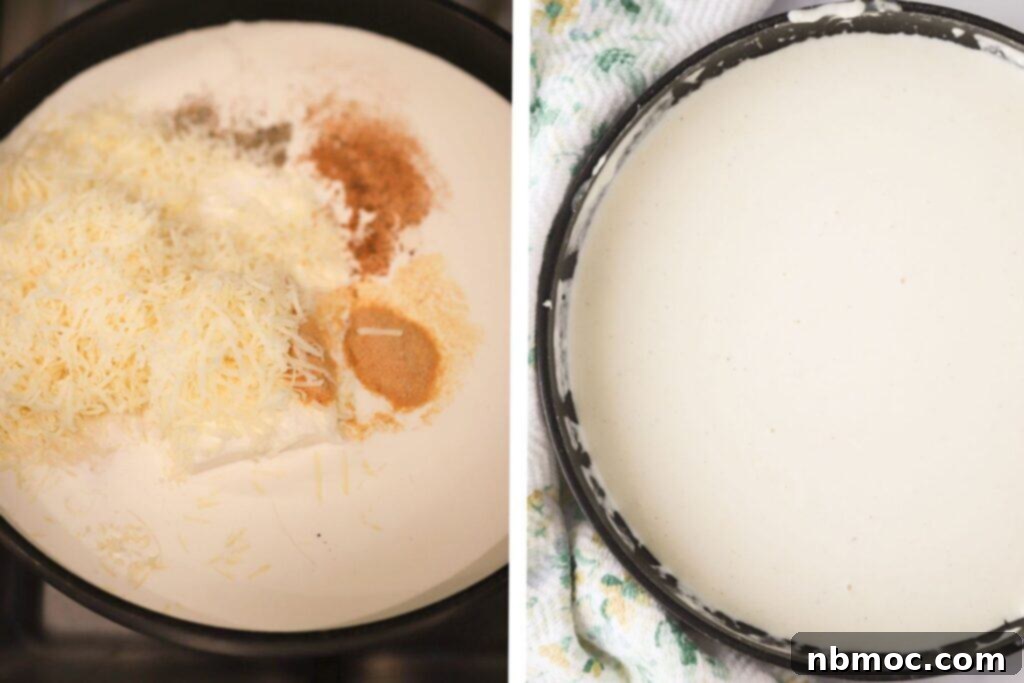 Cooking asiago cream sauce to make garlic alfredo pasta.