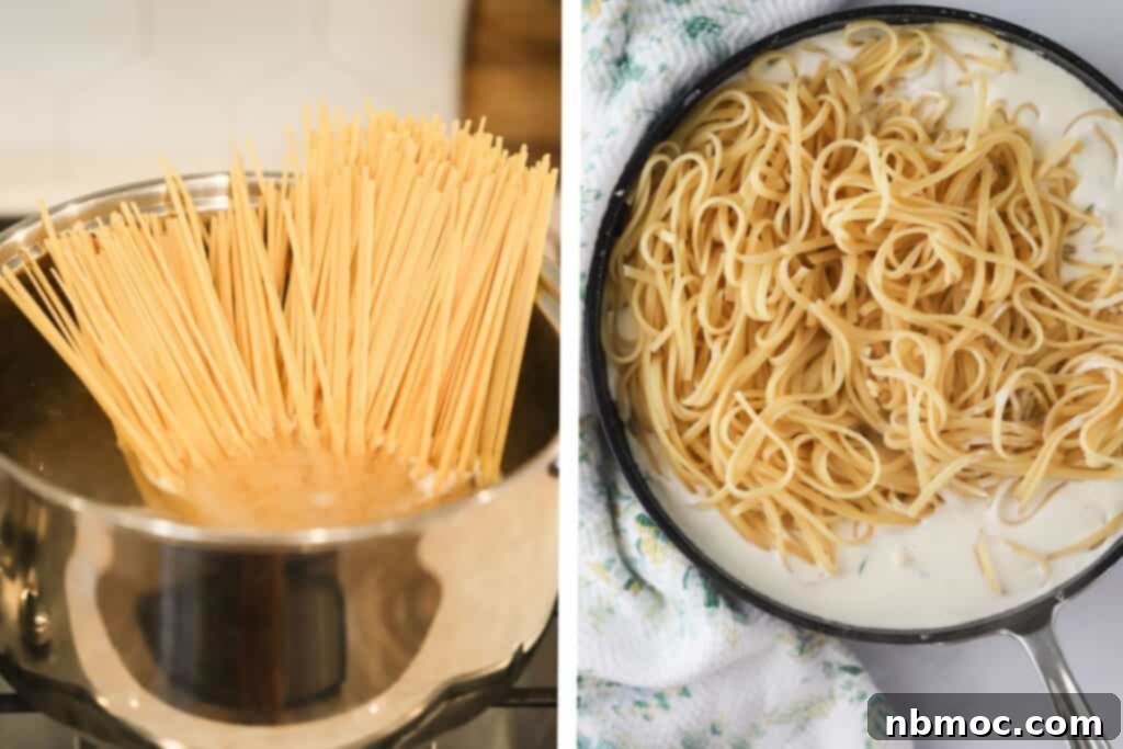 cooking pasta in a large pot with boiling water and Asiago alfredo sauce in a saucepan with cooked fettuccine pasta added.
