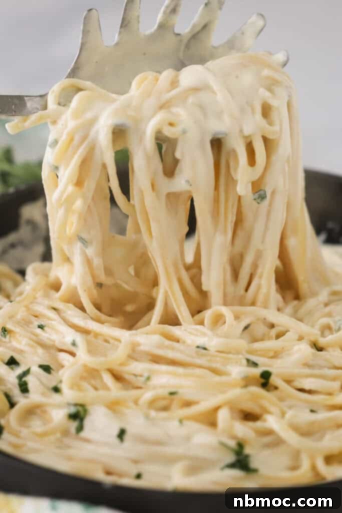 A large spoon pulling out fettuccine pasta noodles covered with asiago alfredo cream sauce.