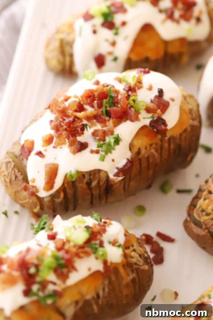 Crispy & Tender Hasselback Potatoes Made Easy 6 cheesy Hasselback Potatoes fully loaded with sour cream, green onions, and bacon bits, hasselback potatoes recipe. What to serve with hasselback potatoes.
