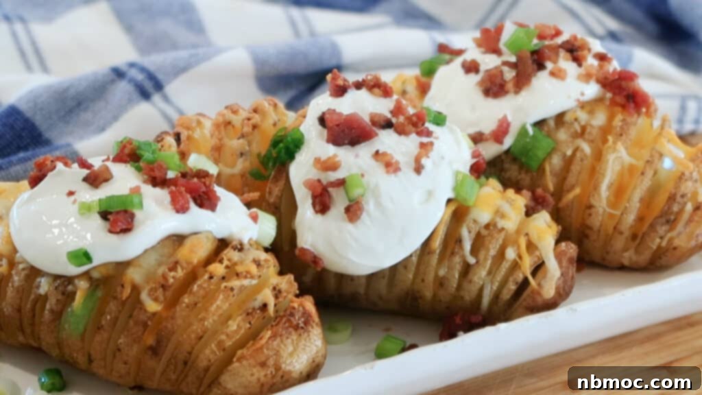 Crispy & Tender Hasselback Potatoes Made Easy 7 loaded hassleback potatoes on a white plate, hassleback baked potatoes.