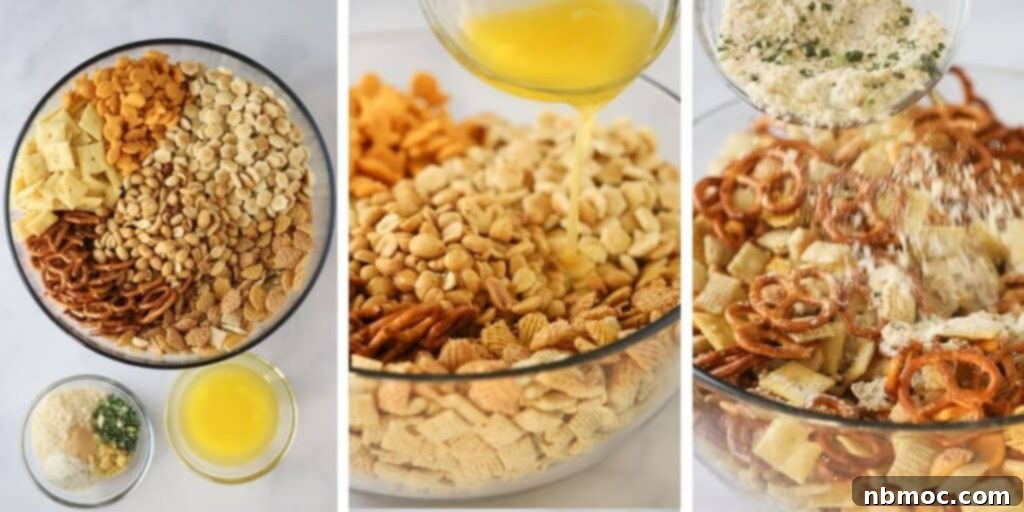 A large bowl with ranch chex mix crackers and the seasoning mixture being poured over to coat the entire thing.