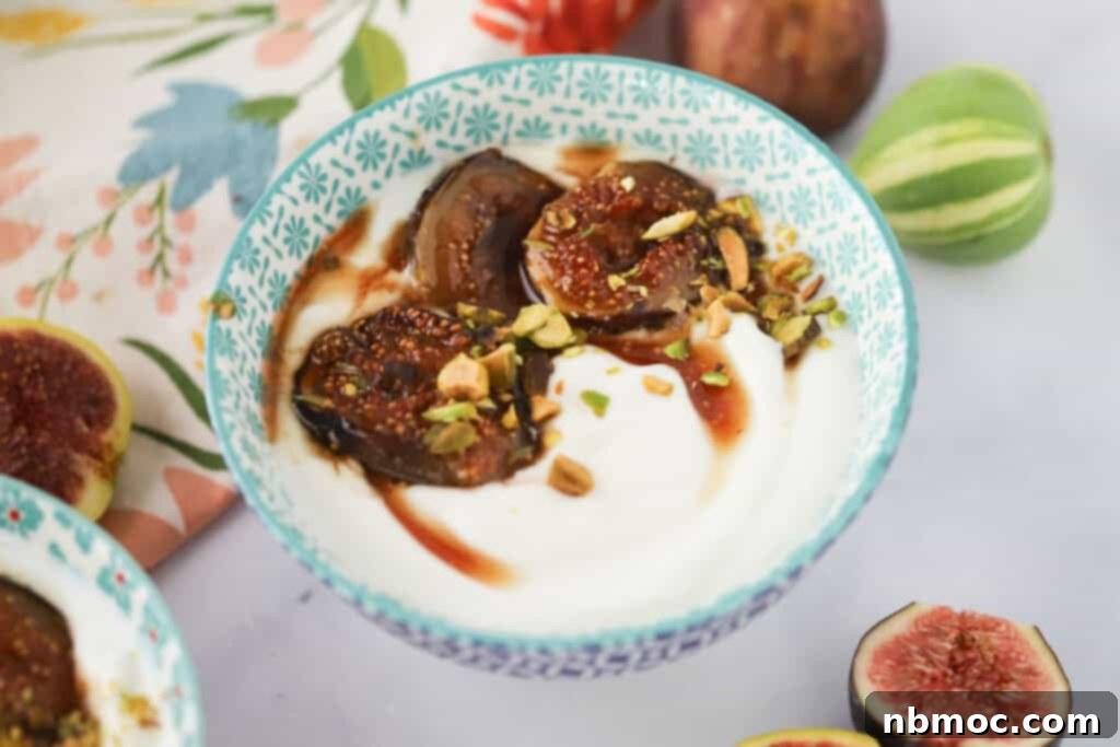 A small bowl featuring caramelized figs served elegantly over a bed of Greek yogurt, with additional honey and pistachios.
