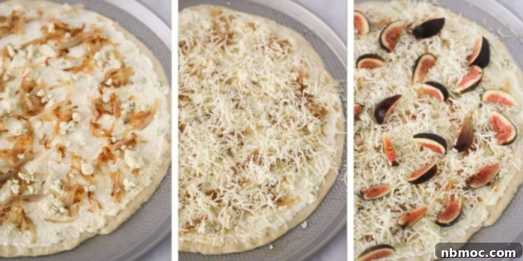 Layering white sauce, caramelized onions, cheese, and figs onto this fig pizza.