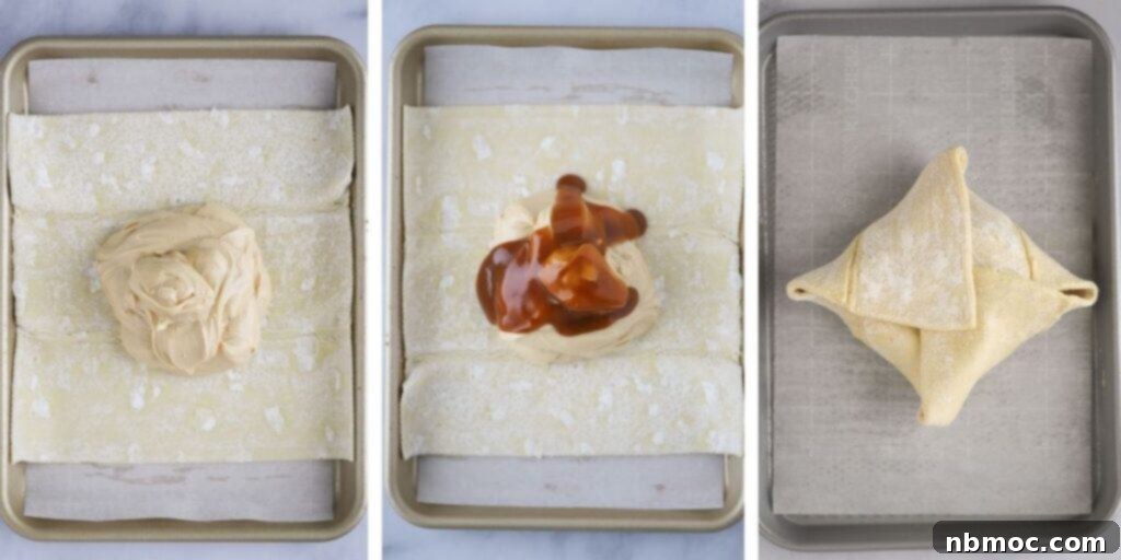 Caramel Cream Cheese Puffs 3 A step-by-step visual guide showing how to prepare the Caramel Cream Cheese Puff Pastry, with the rich filling placed on a sheet of pastry and the corners being carefully folded inwards to enclose it.