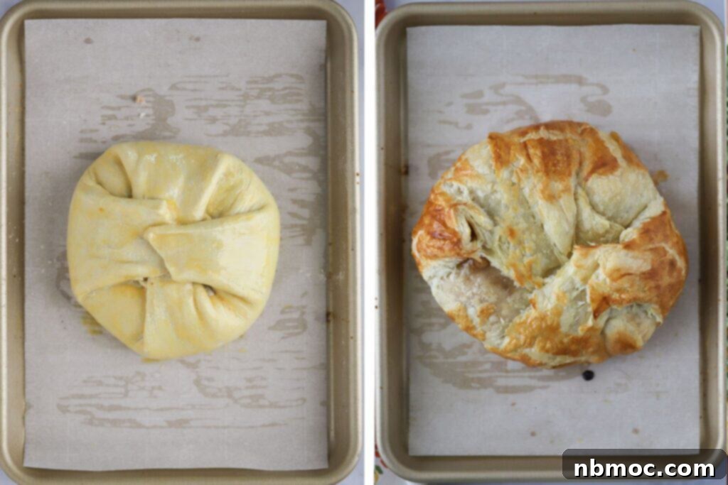 Caramel Cream Cheese Puffs 4 A small baking sheet showcasing two stages of the Caramel Cream Cheese Puff Pastry: one unbaked with the filling neatly folded, and one freshly baked to a golden crisp, both ready for serving.