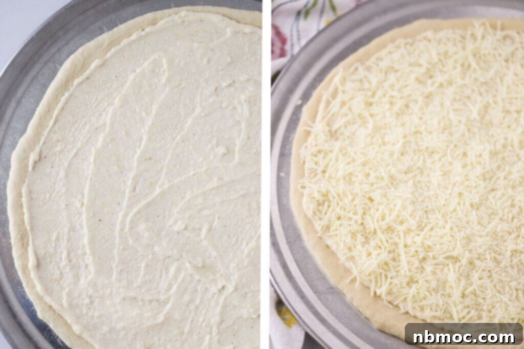 How to spread white pizza sauce and shredded mozzarella cheese over the top of stretched pizza dough.