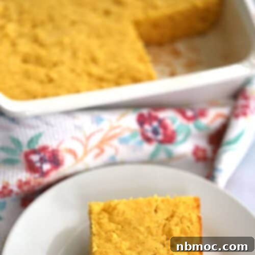 simple corn bread in a baking dish and on a small plate