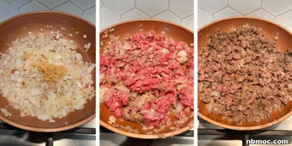 Onions and lean ground beef browning in a skillet, filling the kitchen with rich aromas.