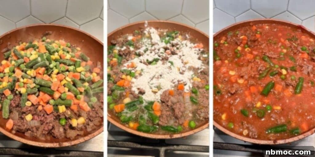 Cooking the beef and vegetable filling mixture for a hearty shepherd's pie.