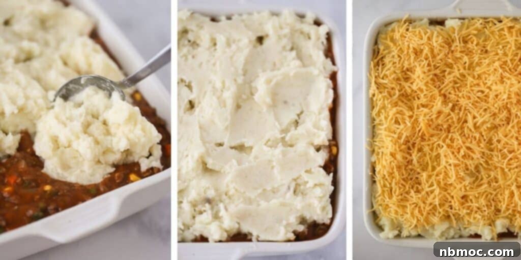 Topping this delicious beef shepherd's pie recipe with creamy mashed potatoes and shredded cheddar cheese.