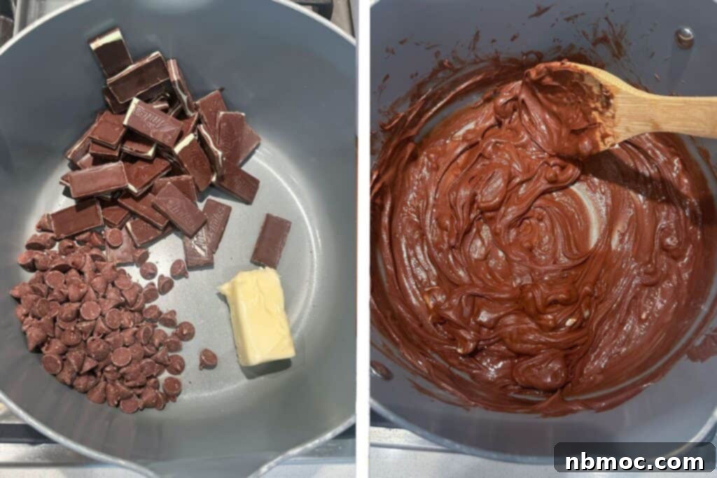 Crisp Mint Chocolate Snack Mix 3 Melting chocolate chips, Andes mints, and butter together in a large mixing bowl.