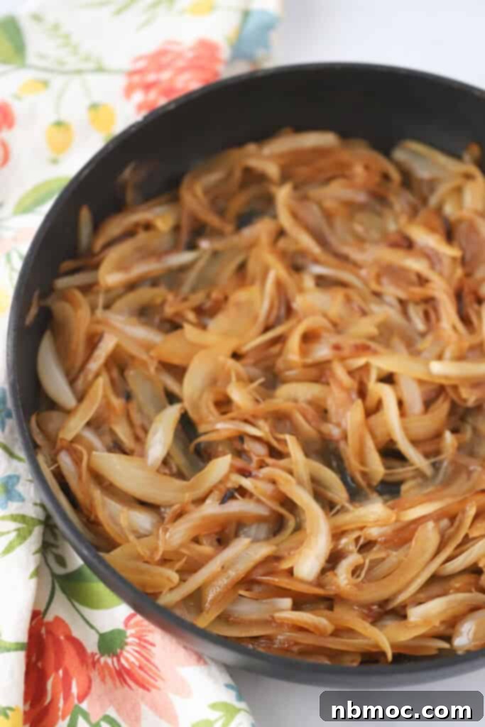 Quick caramelized onions in a cast iron pan, ready to serve.